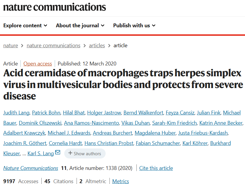 巨噬細(xì)胞的酸性神經(jīng)酰胺酶將單純皰疹病毒困在多囊泡體中，并防止嚴(yán)重疾病